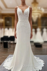 Classy Long Mermaid V-neck Satin Open Back Wedding Dresses with Lace Appliques