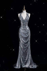 Classy Mermaid Halter Silver Sequin Long Evening Dresses Sexy Evening Prom Dresses