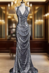Classy Mermaid Halter Silver Sequin Long Evening Dresses Sexy Evening Prom Dresses