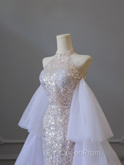 Classy Mermaid High Neckline Sequin Ruffles Long Evening Dresses Evening Prom Dresses