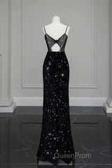 Classy Mermaid Spaghetti Straps Black Sequin Slit Long Evening Gowns Evening Prom Dresses