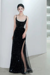 Classy Mermaid Spaghetti Straps Black Sequin Slit Long Evening Gowns Evening Prom Dresses