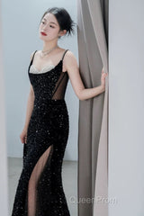 Classy Mermaid Spaghetti Straps Black Sequin Slit Long Evening Gowns Evening Prom Dresses