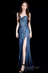 Classy Mermaid Spaghetti Straps Navy Blue Sequin Long Evening Gowns Evening Prom Dresses