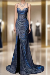 Classy Mermaid Spaghetti Straps Navy Blue Sequin Long Evening Gowns Evening Prom Dresses