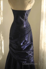 Classy Mermaid Strapless Navy Blue Organza Long Evening Gowns Evening Prom Dresses