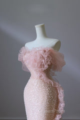 Classy Mermaid Strapless Pink Sequin Long Evening Dresses Evening Prom Dresses