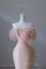 Classy Mermaid Strapless Pink Sequin Long Evening Dresses Evening Prom Dresses