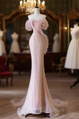 Classy Mermaid Strapless Pink Sequin Long Evening Dresses Evening Prom Dresses