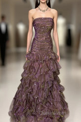 Classy Mermaid Strapless Ruffles Long Evening Dresses Evening Prom Dresses