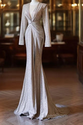 Classy Mermaid V Neckline Long Sleeves Sequin Ruffles Long Evening Dresses Evening Prom Dresses