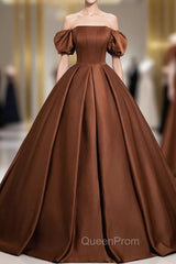 Coffee Satin Off the Shoulder Evening Prom Dresses