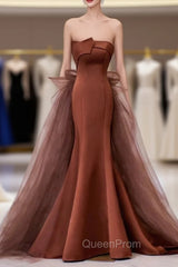 Coffee Satin Tulle Strapless Evening Prom Dresses