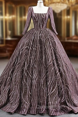 Coffee Sequins Square Long Sleeve Evening Prom Dresses