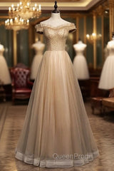 Coffee Tulle Off the Shoulder Beading Evening Prom Dresses