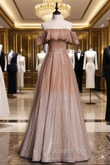 Coffee Tulle Sequins Off the Shoulder Beading Evening Prom Dresses