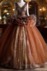 Coffee Tulle Sequins V-neck Beading Quinceanera Dresses