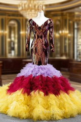 Colorful Mermaid Sequins Tulle Long Sleeve V-neck Evening Prom Dresses