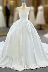 Come In a Wide Variety Of On-Trend Styles, White Ball Gown Satin Sweetheart Pleats Wedding Dresses With Train