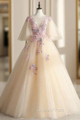 Come In All Styles And Colors Champagne Ball Gown Tulle Appliques See Through V-neck Quinceanera Dresses