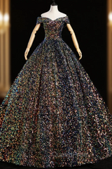 Come In All Styles And Colors Navy Blue Ball Gown Sequins off the Shoulder Quinceanera Dresses