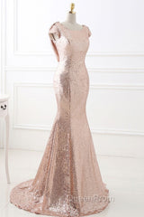 COURTNEY Fit and Flare Sweep train Sequined Rosy Golden Evening Prom Party Gowns