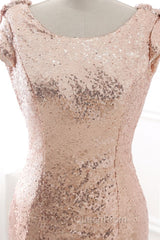 COURTNEY Fit and Flare Sweep train Sequined Rosy Golden Evening Prom Party Gowns