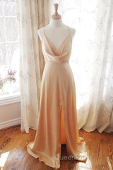 Cowl Neck Champagne Satin Bridesmaid Dresses With Slit
