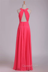 Crew Neck Watermelon Chiffon Long Bridesmaid Dresses