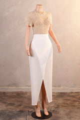 Crew Sheath Evening Prom Dresses Ankle-Length Zipper Beads Split Side Short Sleeve Evening Dresses