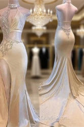 Crystal Halter Side Slit Evening Prom Dresses A-Line Backless Sleeveless Evening Dresses