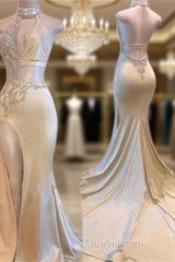 Crystal Halter Side Slit Evening Prom Dresses A-Line Backless Sleeveless Evening Dresses