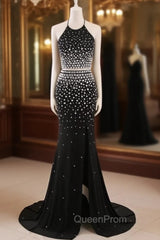 Crystal Mermaid Black Mermaid Evening Prom Dresses Sexy Backless Halter