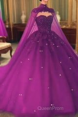 Crystals Purple Ball Gown Evening Prom Dresses With Cape Sweet 16 Quinceanera Dresses