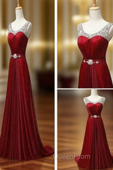 Custom Made A Line Dark Red Round Neck Long Evening Prom Dresses, Bridesmaid Dresses, Evening Dresses