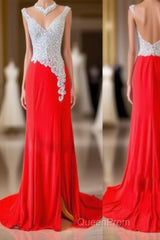 Custom Made A Line V Neck Backless Sequins Red Evening Prom Dresses, Red Evening Dresses