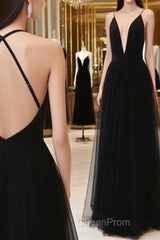 Custom Made A Line V Neck Black Backless Evening Prom Dresses, Black Backless Formal Dresses, Bridesmaid Dresses