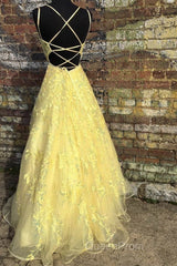 Custom Made Backless Yellow Lace Floral Long Evening Prom Dresses, Yellow Lace Formal Graduation Evening Dresses