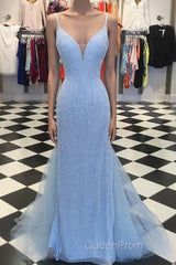 Custom Made Blue V Neck Mermaid Evening Prom Dresses, Mermaid Formal Dresses, Blue Evening Dresses