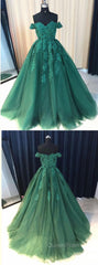 Custom Made Off Shoulder Emerald Green Lace Evening Prom Dresses, Green Formal Dresses, Lace Evening Prom Gown