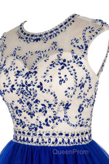 Custom Made Round Neck Cap Sleeves Beading Black Short Evening Prom Dresses Royal Blue Homecoming Dresses, Evening Dresses 2019