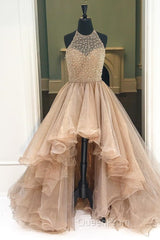 Custom Made Round Neck High Low Champagne Evening Prom Dresses, High Low Formal Dresses