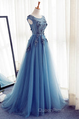 Custom Made Round Neck Sleeveless Lace Evening Prom Dresses, Blue Lace Formal Dresses