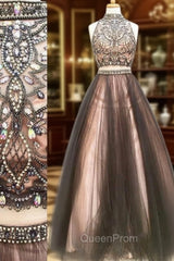 Custom Made Two Pieces Tulle Long Evening Prom Dresses, Black Evening Dresses