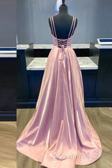 Custom Made V Neck Backless Pink Evening Prom Dresses, Backless Pink Formal Dresses, Simple Pink Evening Dresses