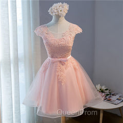 Custom Pink Lovely Cap Sleeves Knee Length Evening Dresses, Pink Tulle Evening Prom Dresses