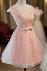 Custom Pink Lovely Cap Sleeves Knee Length Evening Dresses, Pink Tulle Evening Prom Dresses