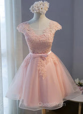 Custom Pink Lovely Cap Sleeves Knee Length Evening Dresses, Pink Tulle Evening Prom Dresses