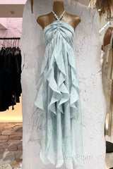 Cute A Line Halter Ruffled Floral Blue Summer Holiday Dresses WomenS Long Vacation Dresses