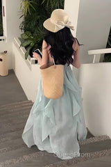 Cute A Line Halter Ruffled Floral Blue Summer Holiday Dresses WomenS Long Vacation Dresses